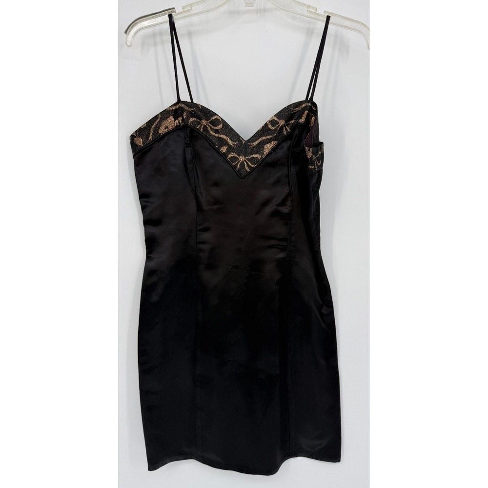 Gunne Sax Jessica McClintock Black Satin Mini Dress Gold Bow Trim Y2K Prom Fairy